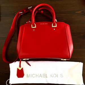 Michael Kors Benning Medium Leather Satchel in red